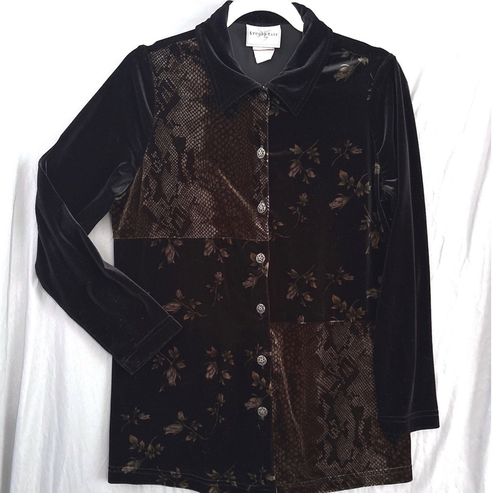 Vtg Y2K Button Down 10 Black Whimsigoth Patchwork Velvet Witchy Vampy Cardigan